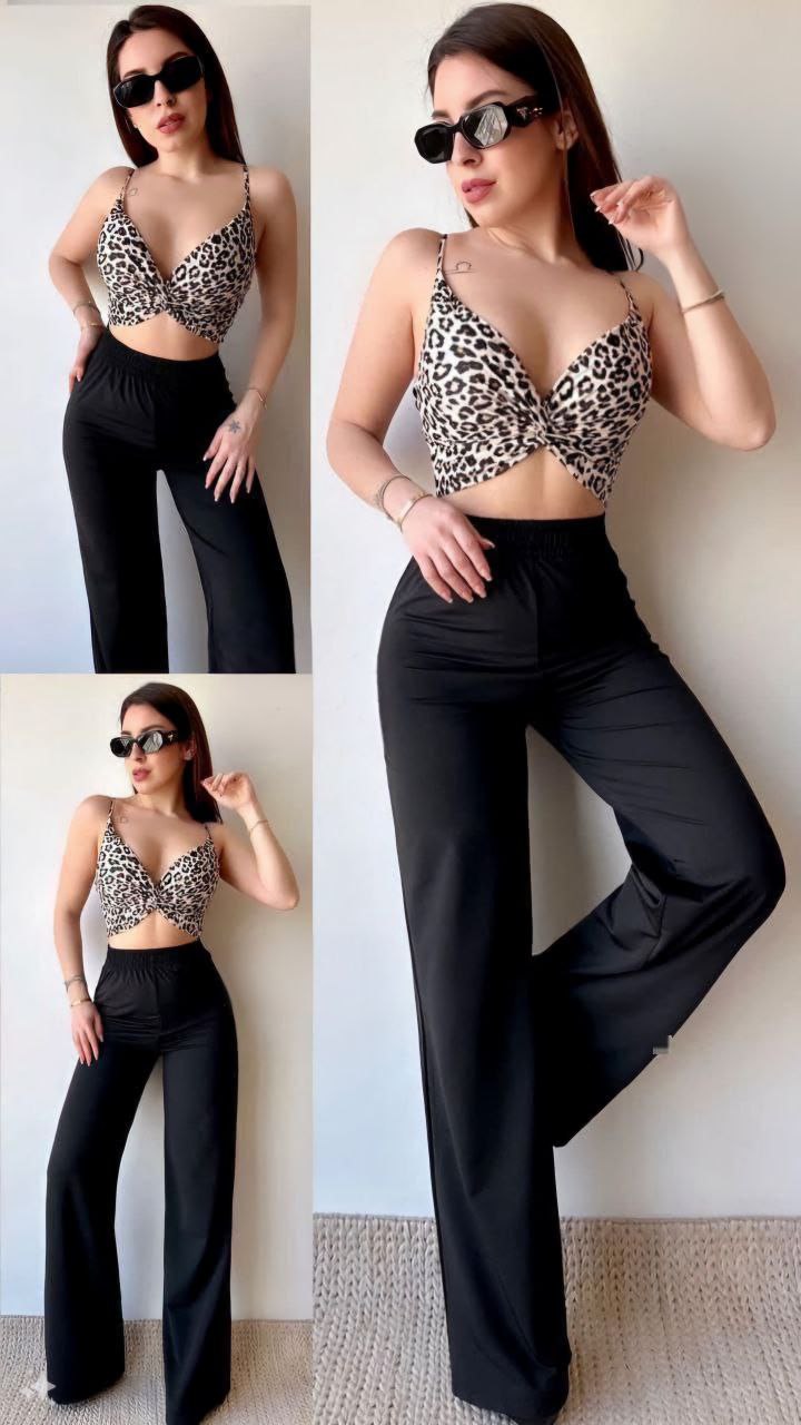 بنطلونات نسائية عالية الخصر بتصميم واسع ونقوش زهرية لصيف، مع بلوزة قصيرة