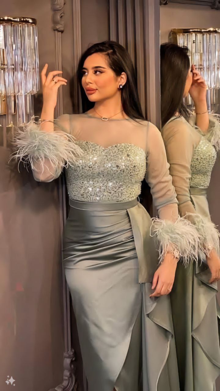 فستان سهرة أنيق مع لمسات من الريش