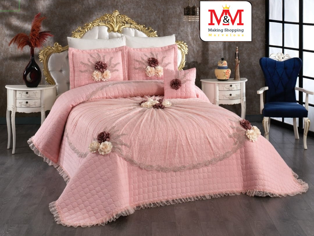 طقم مفرش سرير فاخر من القطن الوردي (مزدوج)