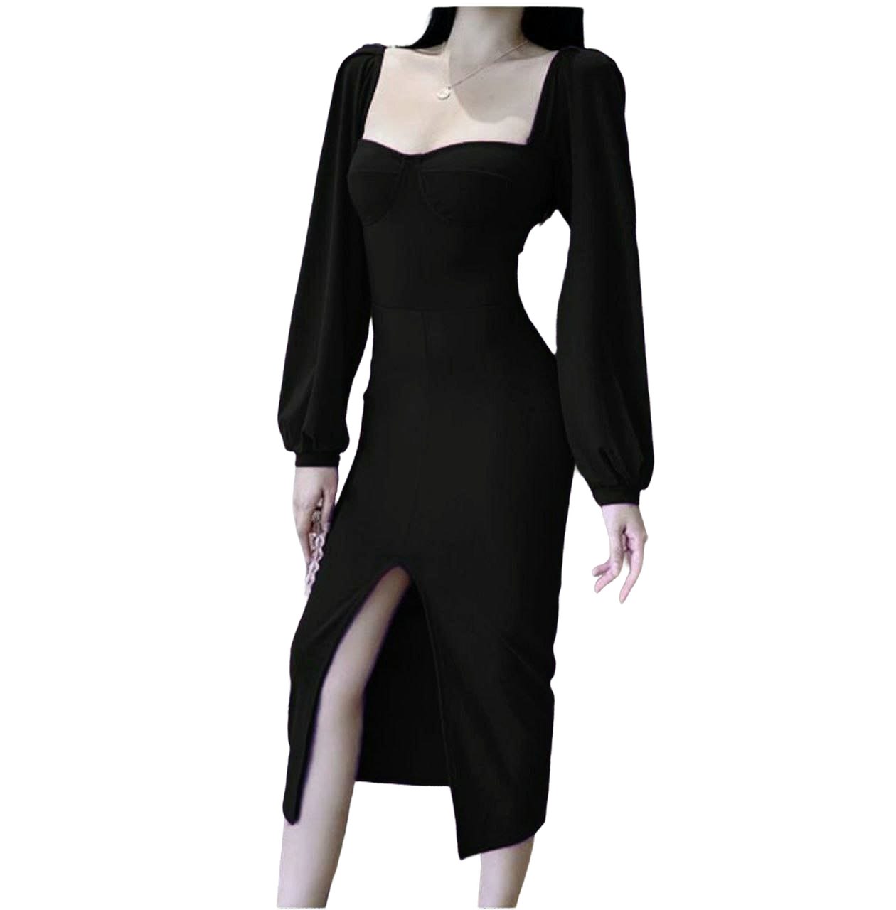 فستان سهرة بأكمام طويلة وفتحة أمامية للنساء